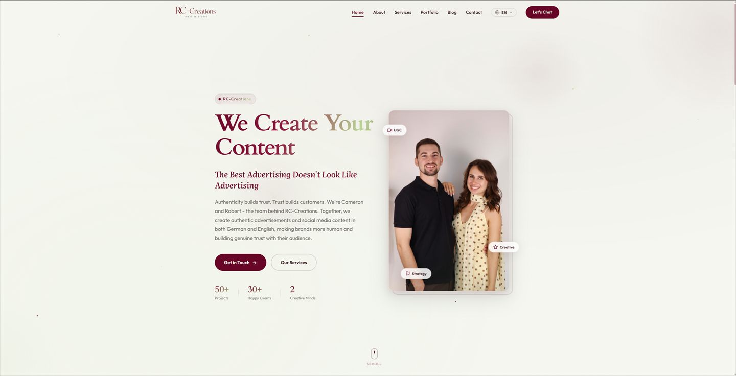 The RC-Creations home page for a bilingual creative studio