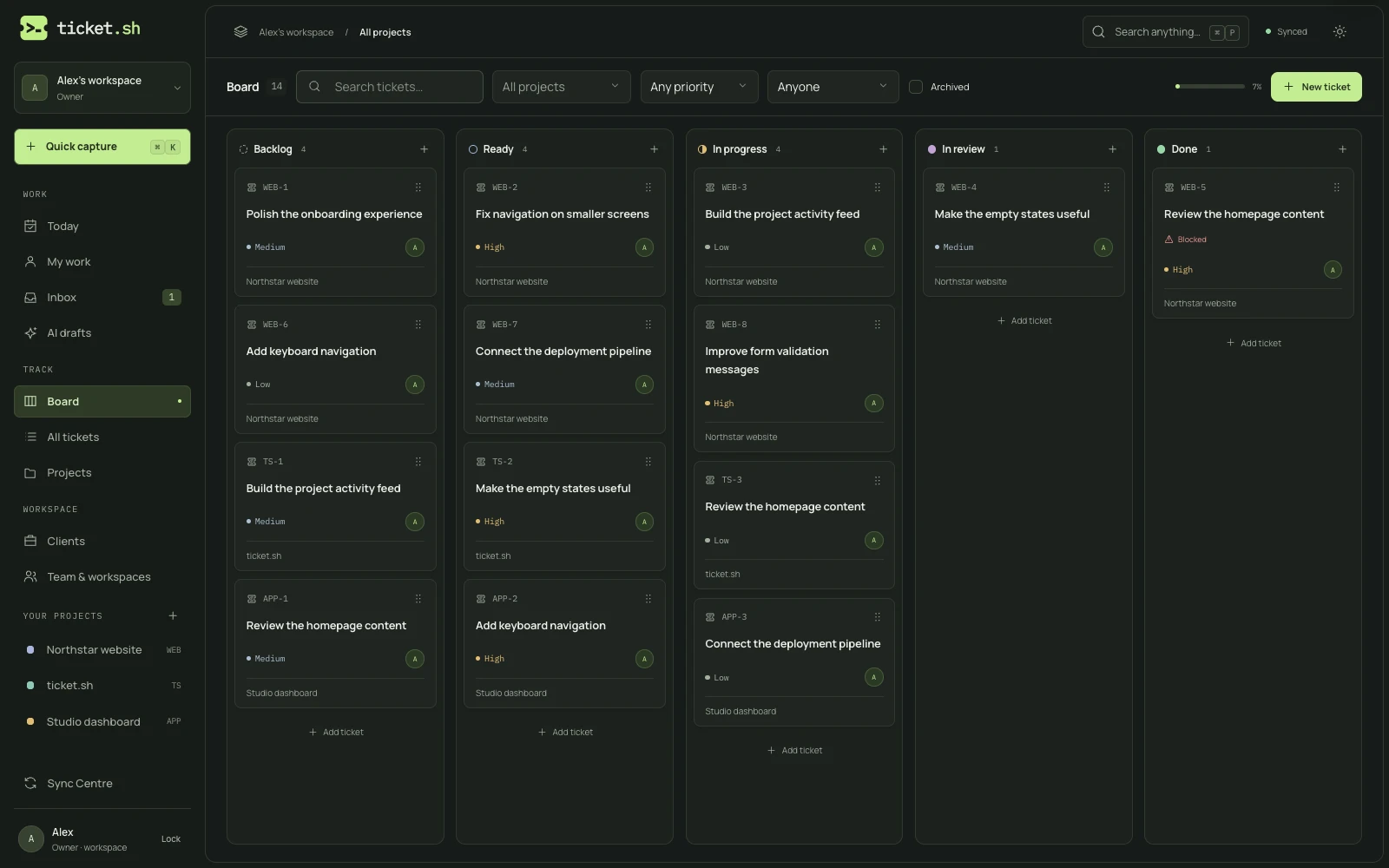 The ticket.sh web app with project tickets organised on a board