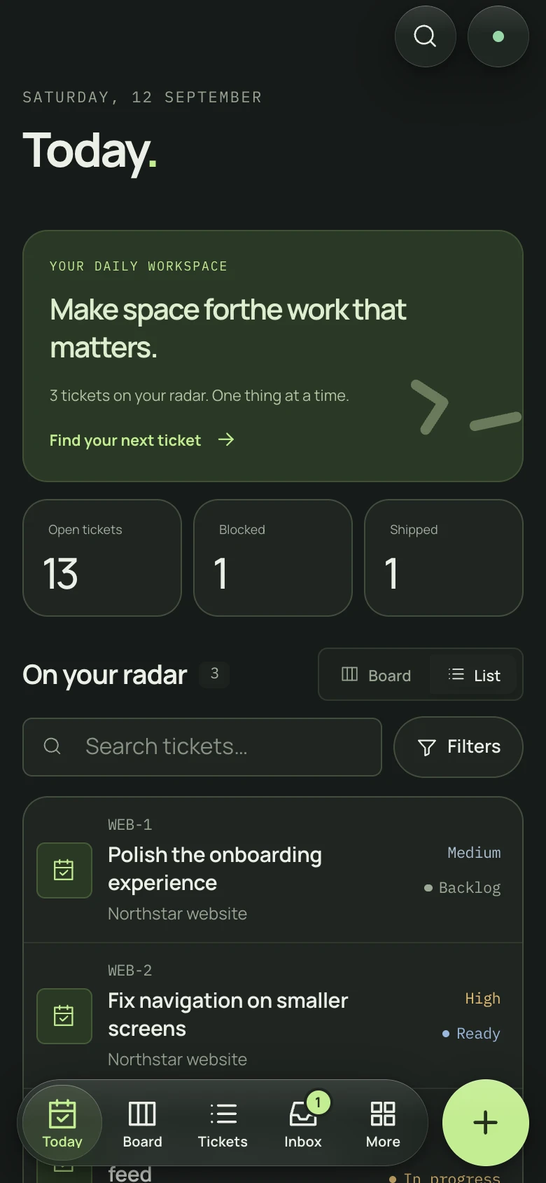 ticket.sh Today screen with its mobile tab dock