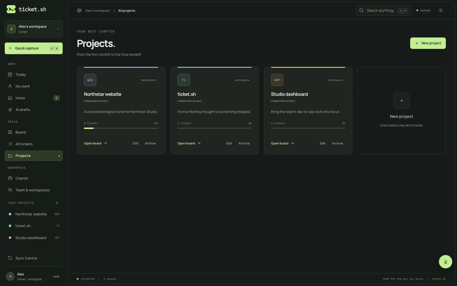 ticket.sh projects in the web app