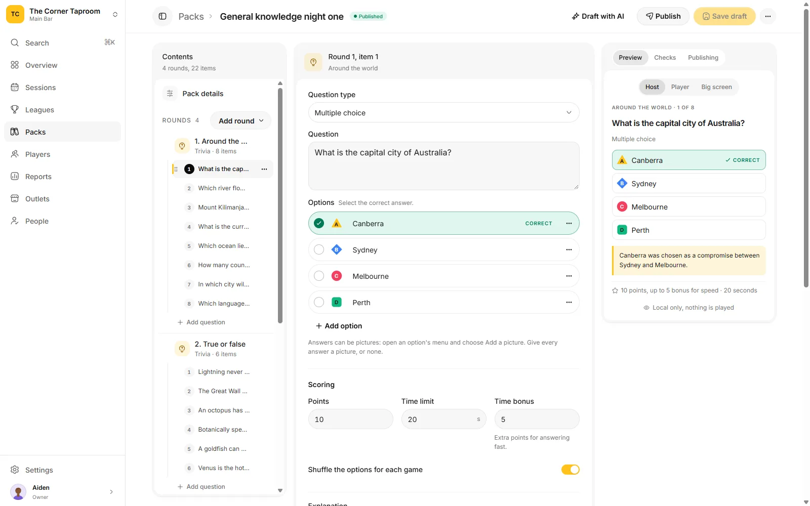 The CornyBits pack editor with a trivia question and its host preview