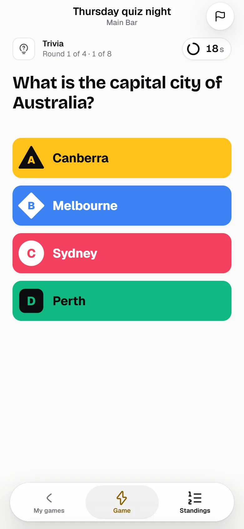 A player answering the same CornyBits question on a phone