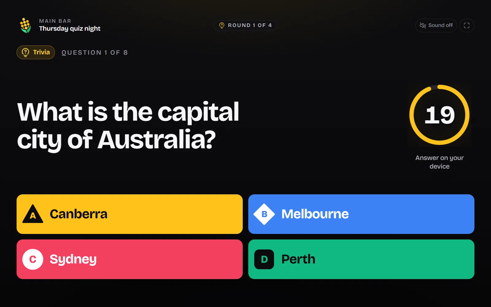The CornyBits TV display with a trivia question, four answers and a countdown