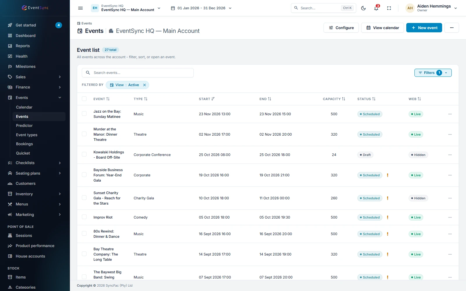 The EventSync events list with scheduled and draft events