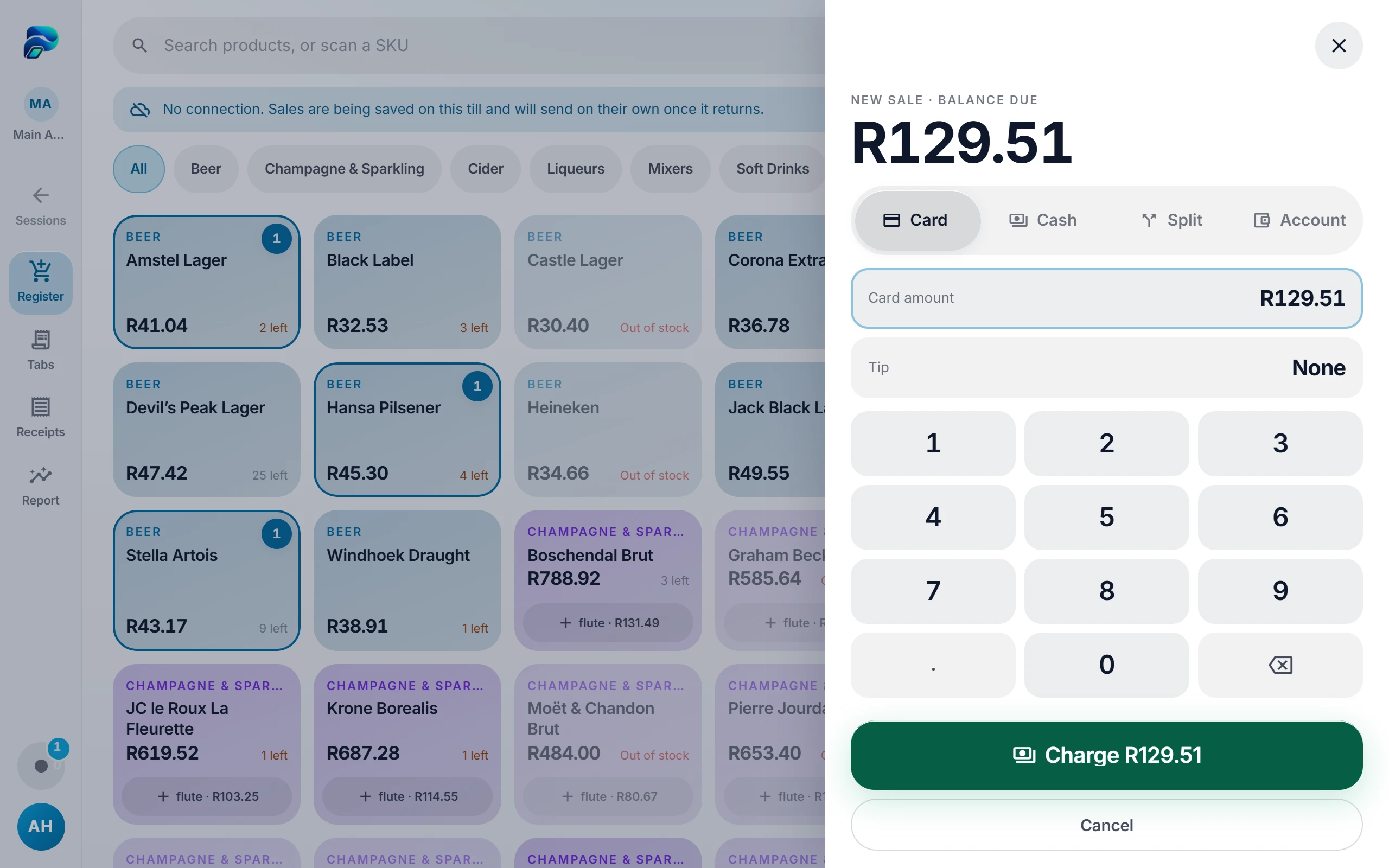The PosSync payment panel taking a card payment with the keypad open