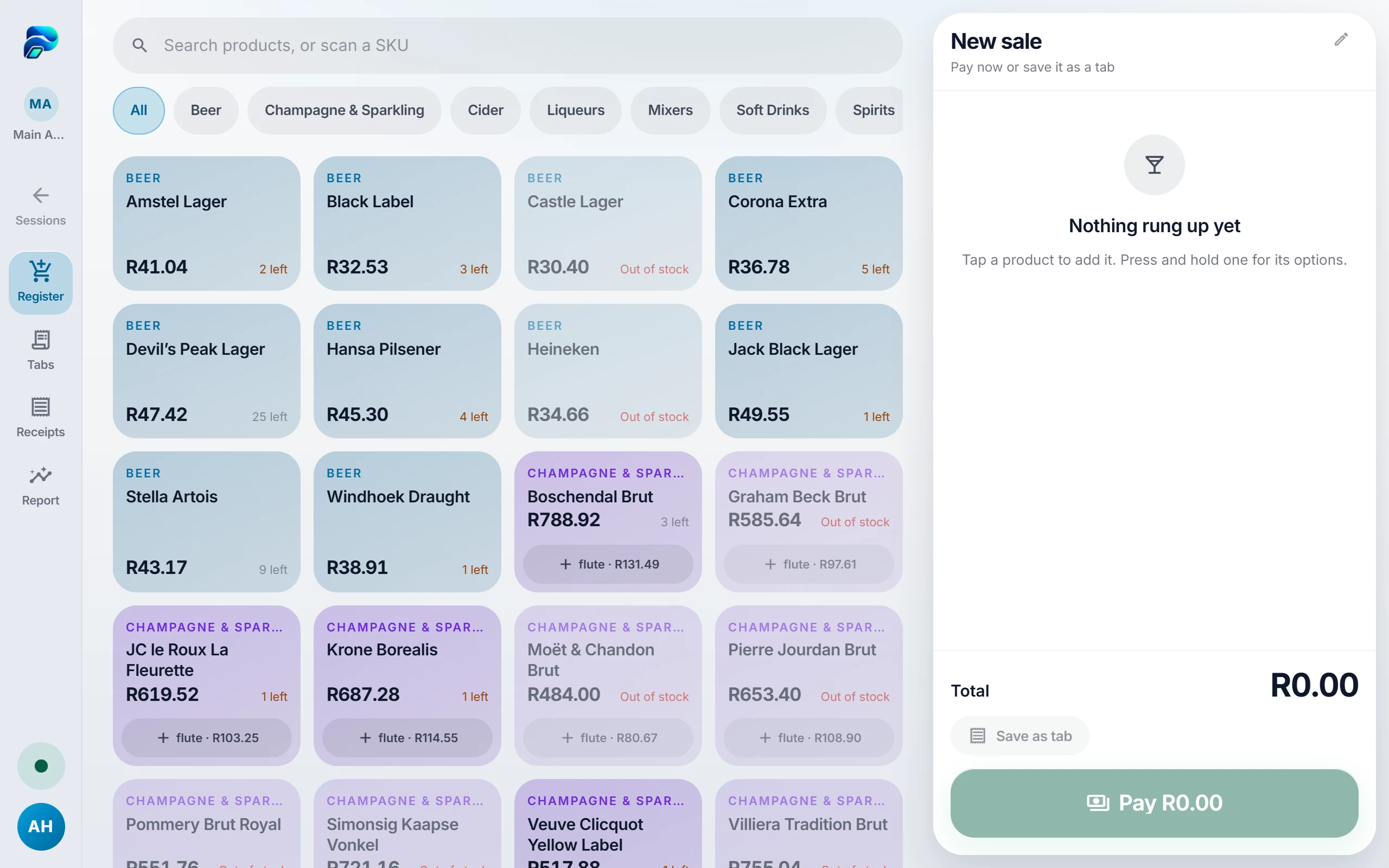 The PosSync till showing its product grid of drinks beside a new sale