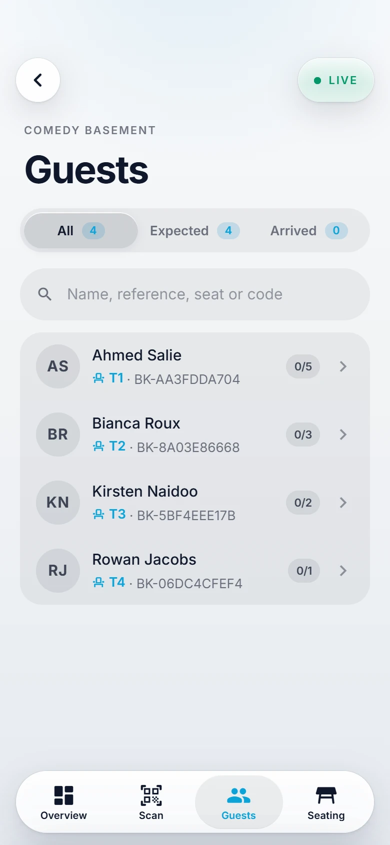 The ScannerSync guest list held on the device, with seats and booking references