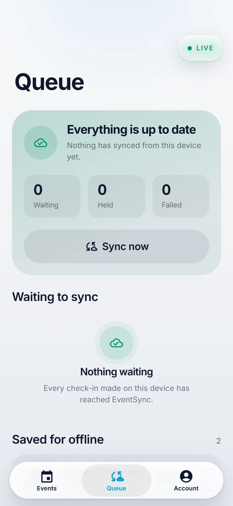 The ScannerSync sync queue with everything sent and the guest lists saved for offline use