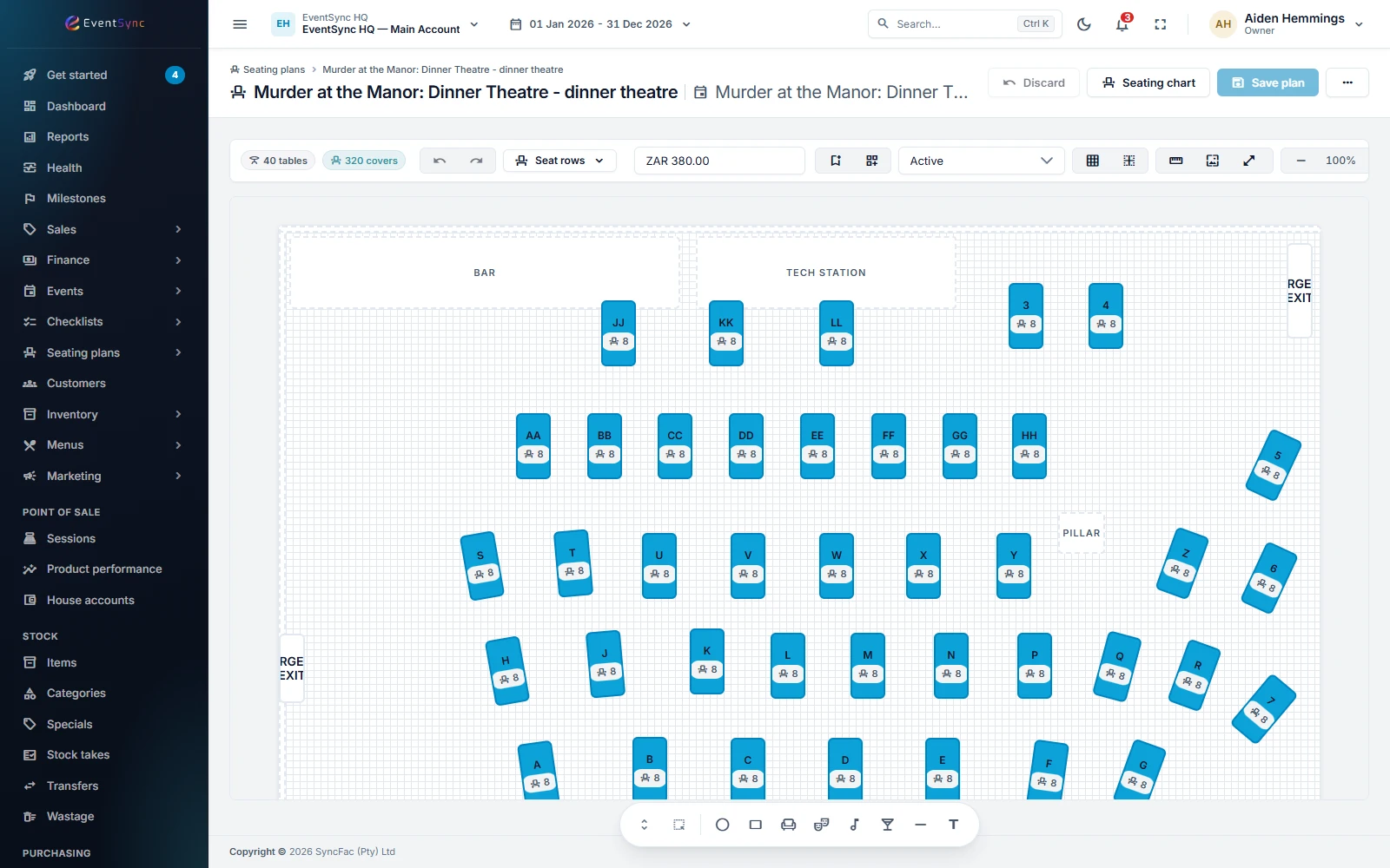 The EventSync seating plan editor with a dinner theatre room drawn table by table