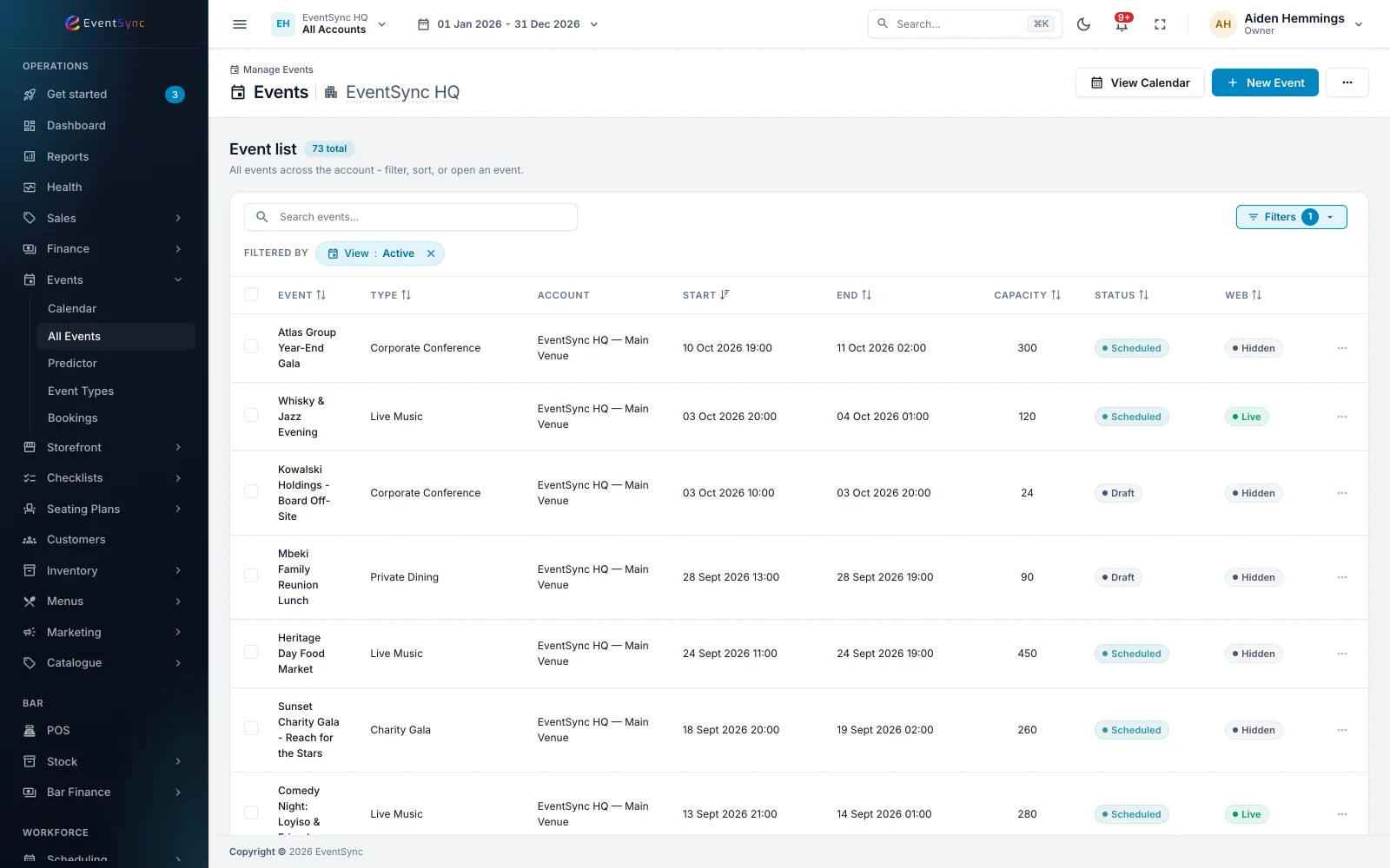 The EventSync events calendar with scheduled and draft events