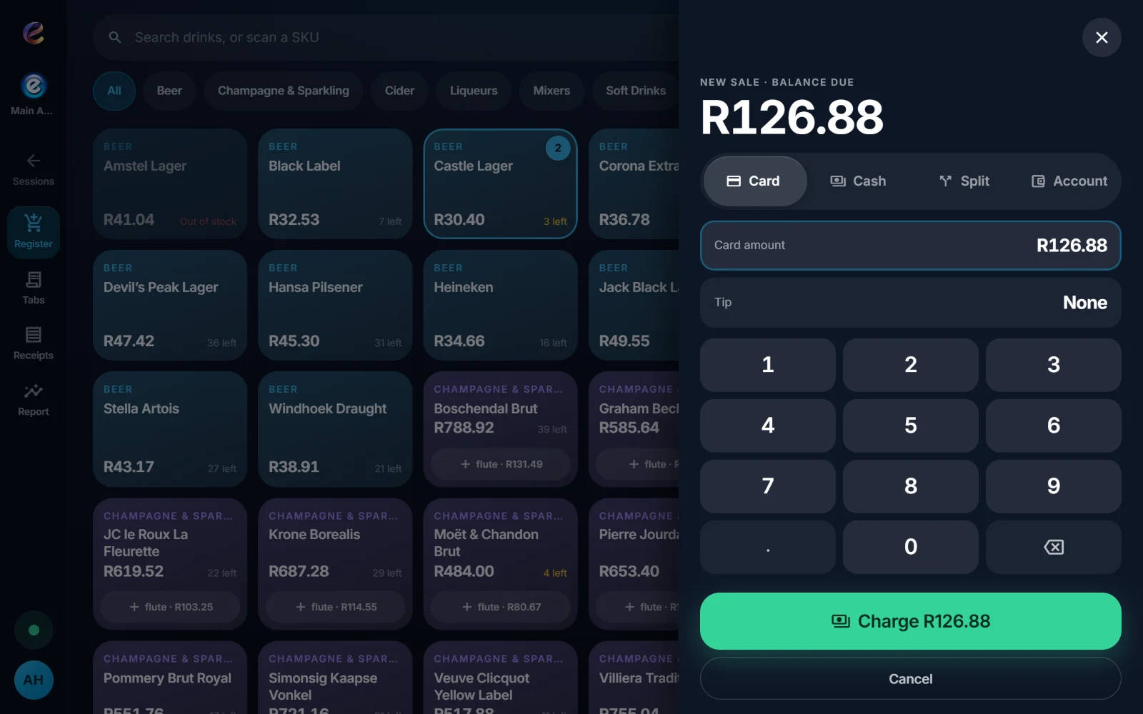The PosSync payment screen taking split card and cash