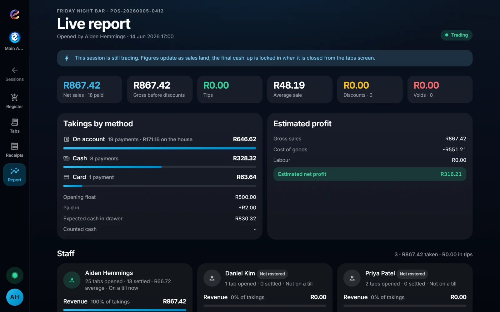 A PosSync session report closing off a trading session
