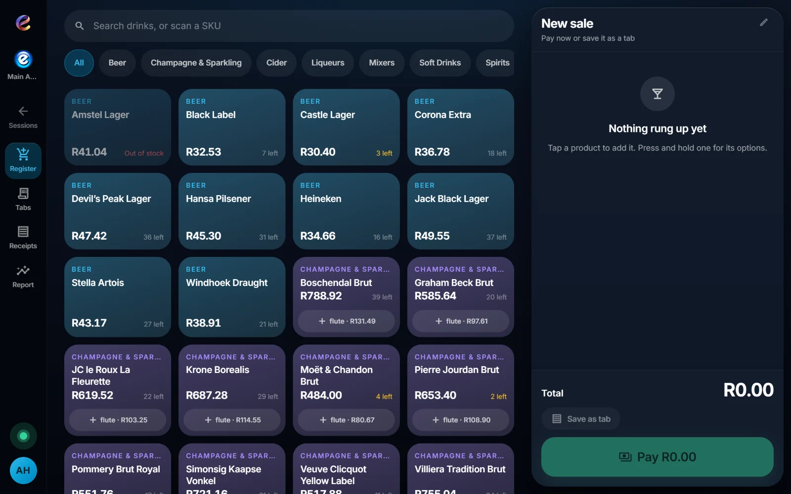 The PosSync till showing a product grid of drinks and an open sale