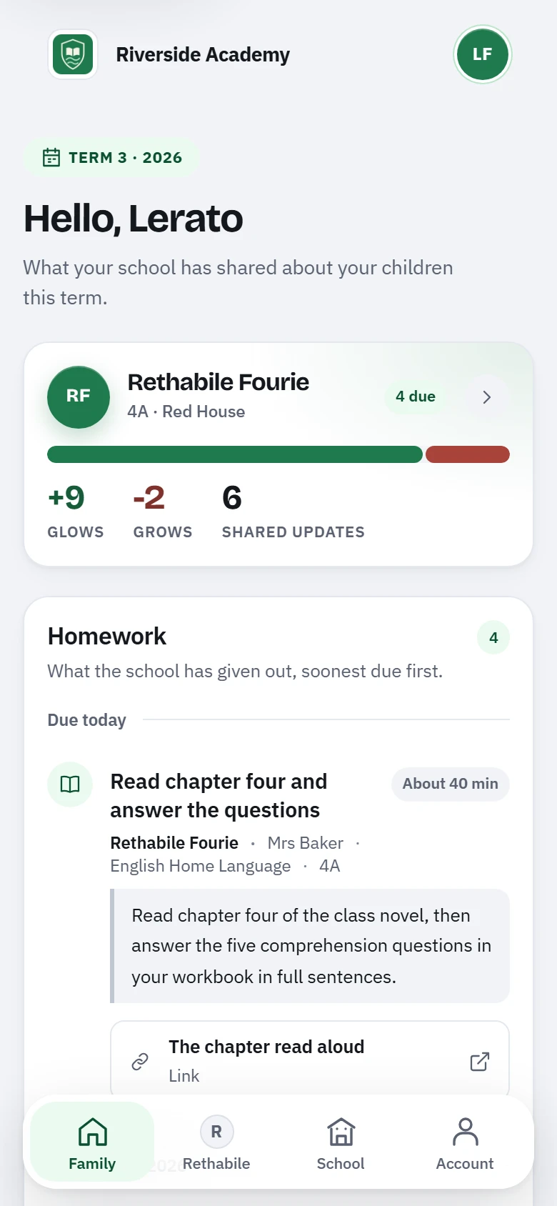 Prefect guardian family home with linked children and homework