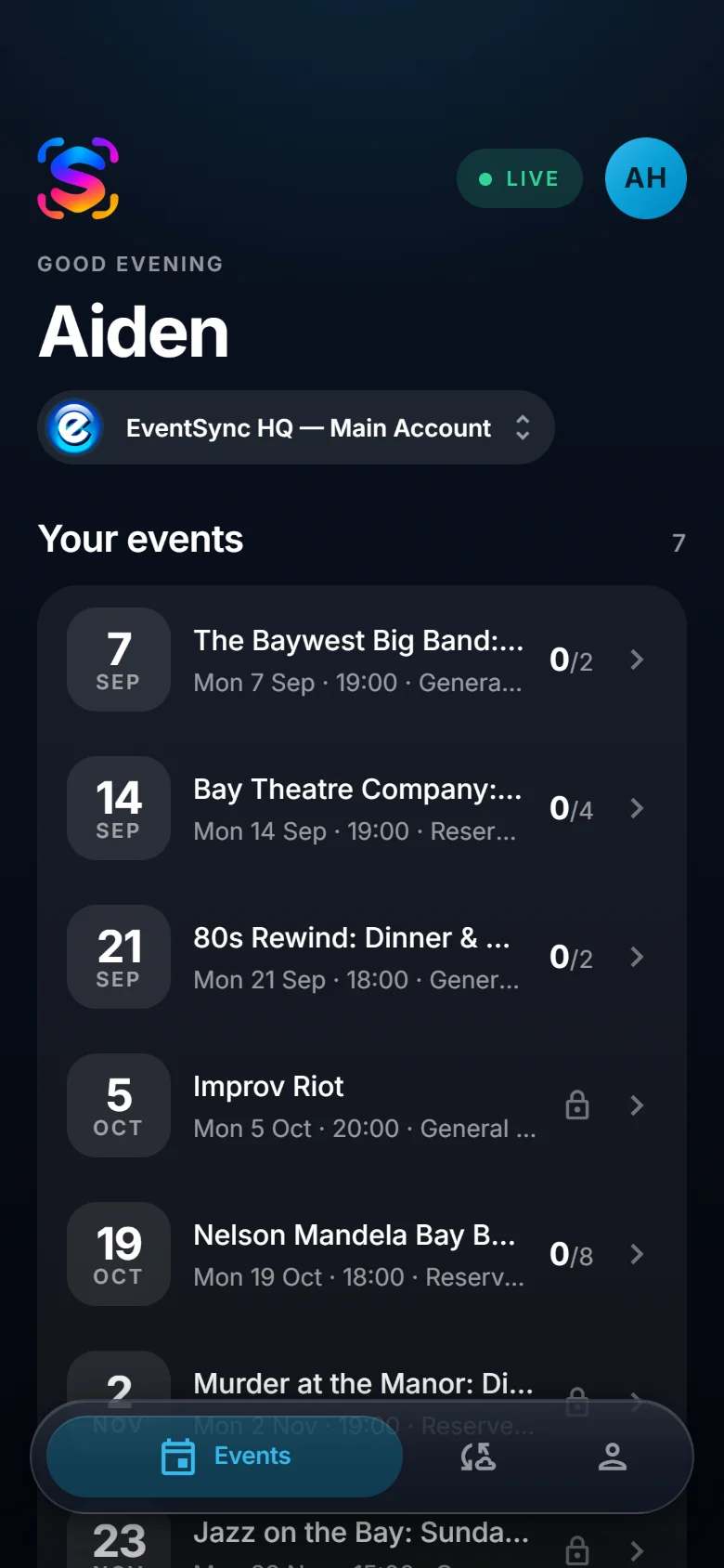 The ScannerSync event list on a phone