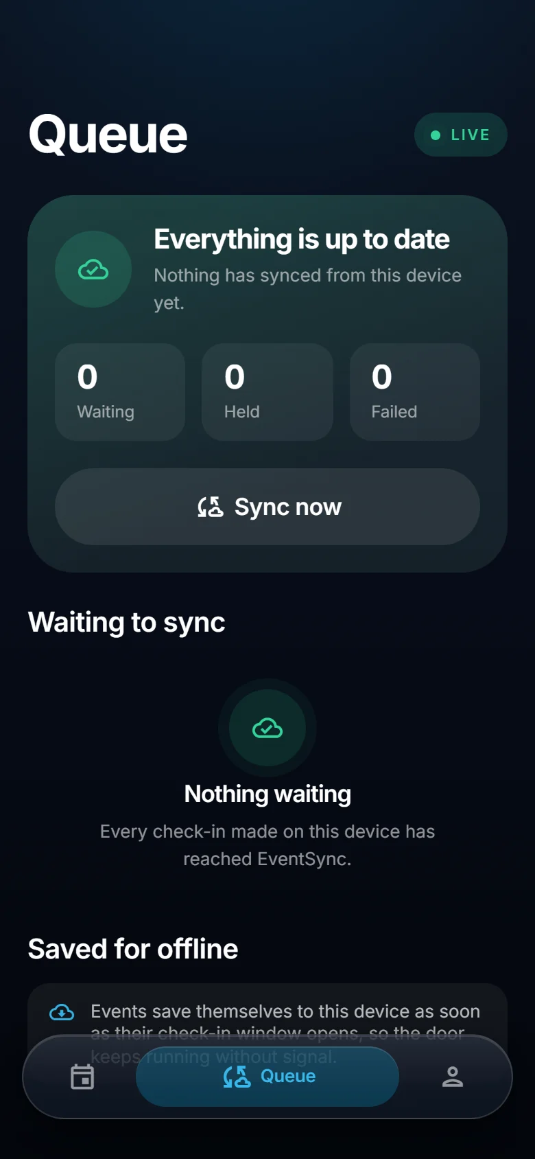 The ScannerSync sync queue showing actions waiting to reach the server