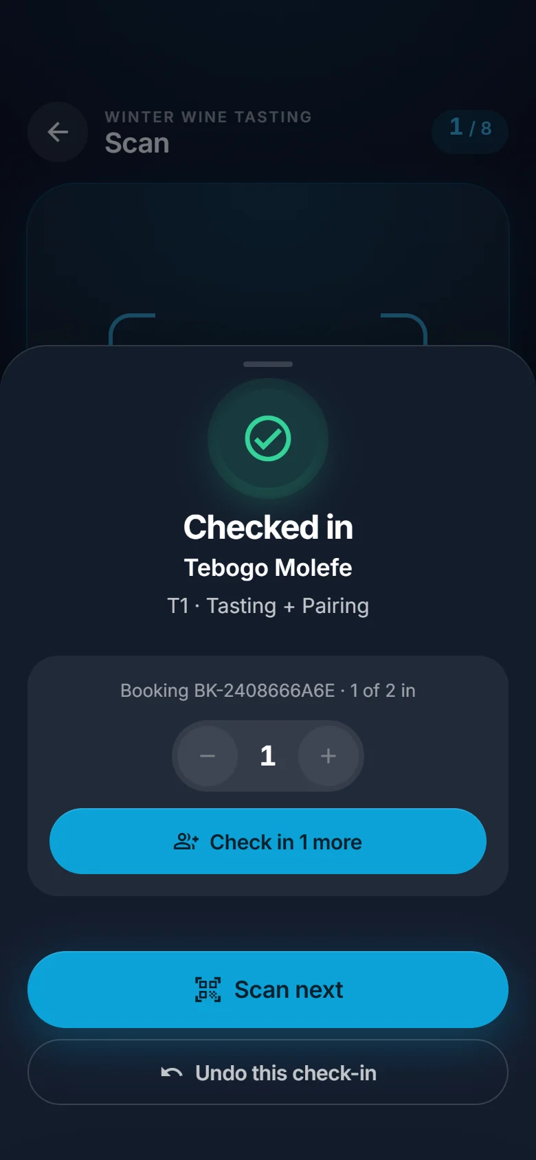 ScannerSync confirming a guest checked in, with the option to check in one more
