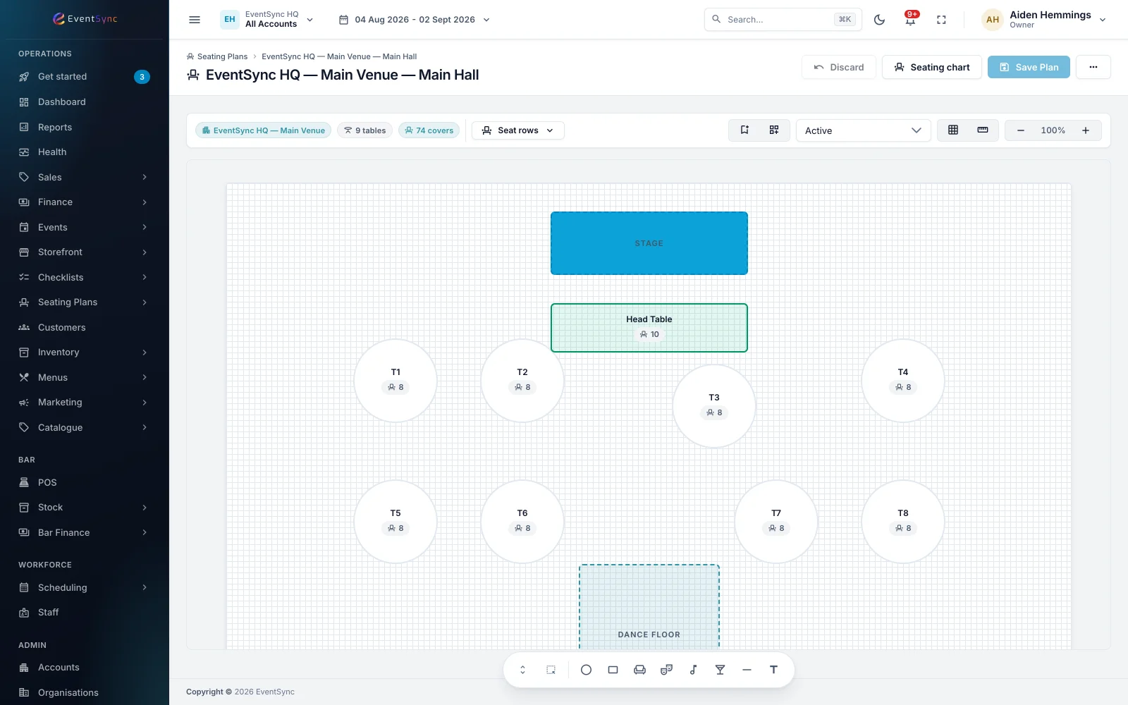 The EventSync seating plan editor with a drawn room and live availability